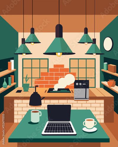 In the lodges kitchen a makeshift collaborative gathering space is formed with laptops lining the countertops and the smell of freshly brewed coffee filling the air.. Vector illustration