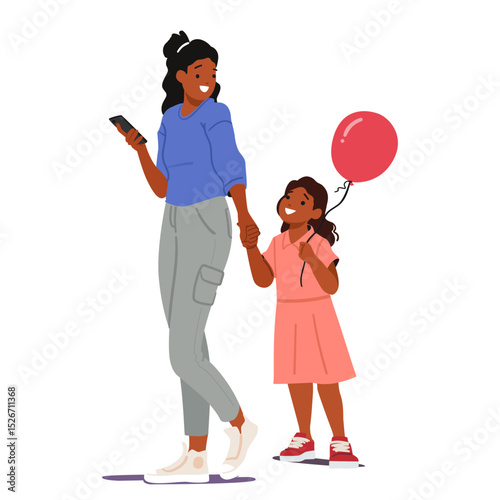 Happy mother and little daughter enjoying time walking together isolated on white background