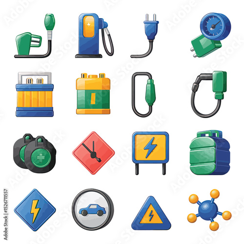 vector icons to vehicle fueling and charging a gasoline pump, an electric vehicle plug hydrogen mole