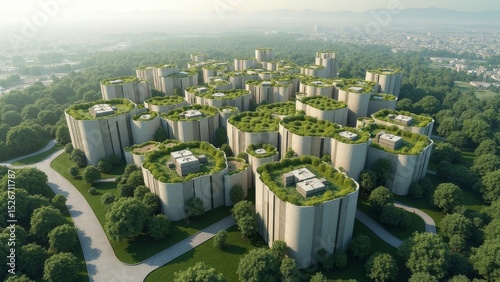 Landscape of buildings surrounded by green plants