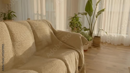 Sunlit Living Room Interior Design with Plants and Beige Sofa Cozy Home Decor
