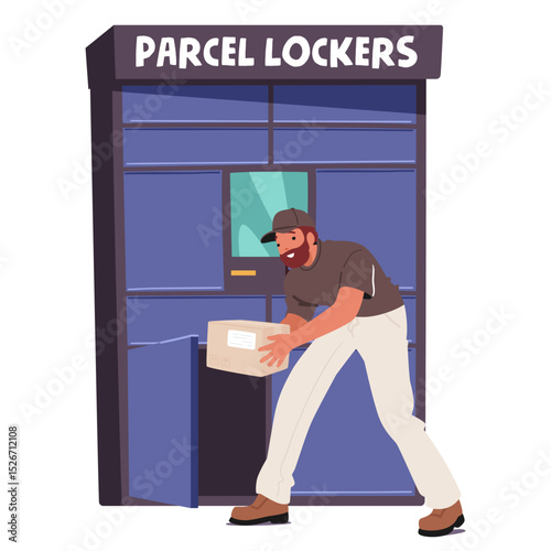 Man cartoon character putting cardboard parcel box into postal lockers sending package to addressee