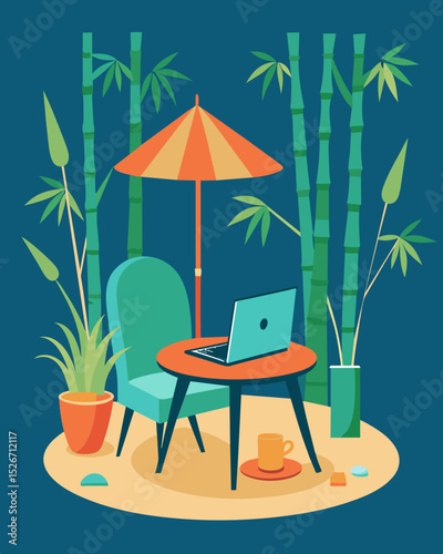 Relaxing in a cozy garden nook with a laptop open on a small bistro table nestled between tall stalks of bamboo.. Vector illustration