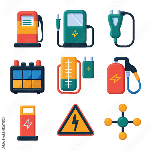 vector icons to vehicle fueling and charging a gasoline pump, an electric vehicle plug hydrogen mole