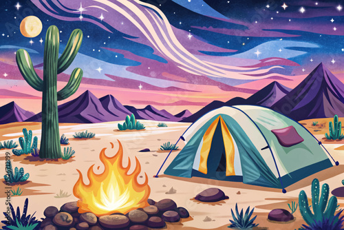 Vector illustration of a starry desert night with a glowing tent and campfire perfect for camping scenes, adventure visuals, and tranquil night landscapes
