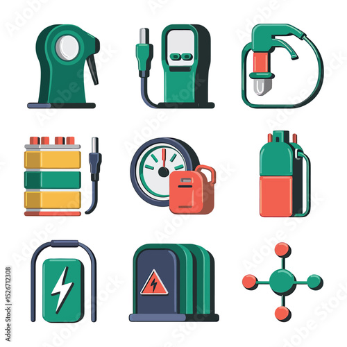 vector icons to vehicle fueling and charging a gasoline pump, an electric vehicle plug hydrogen mole