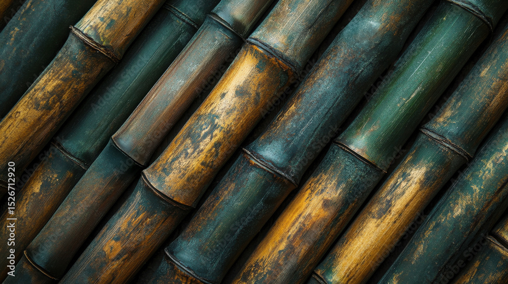 Fototapeta premium Bamboo Stalks Texture: Close-up of bamboo stalks in a diagonal pattern, highlighting the natural texture and colors of bamboo. Capturing the raw, natural feel and earthy tones.