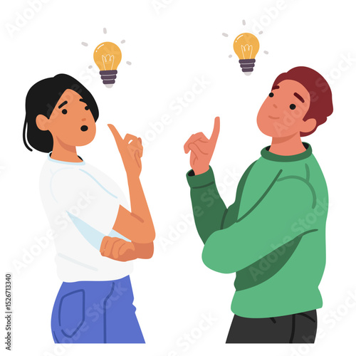 Emotional man and woman cartoon characters having idea finding decision portrait isolated on white
