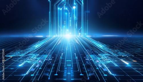 テクノロジーと立体感、青いイルミと電子基盤、スタイリッシュなグラデーション、幻想的に仕上げる Generated by AI