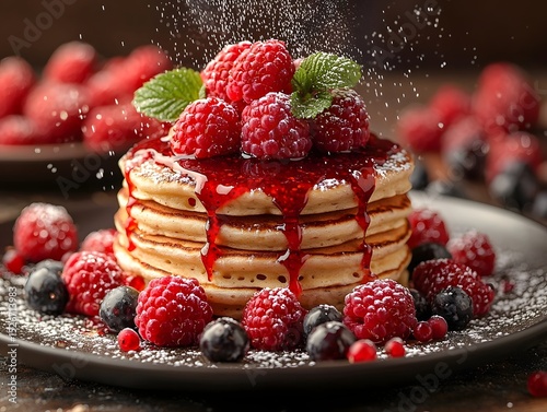 A tower of fluffy pancakes drizzled with raspberry coulis and fresh berries