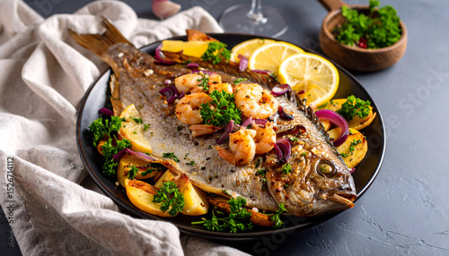 Fototapeta Naklejka Na Ścianę i Meble -  a, whole, plaice, fish, with, shrimps, onions, finkenwerder, hamburg, food, germany, seafood, grilled, grill, potatoes, baked, on, grey, urban, . background d, table, macro, lemon, dinner, meal, plate