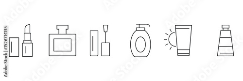 Makeup beauty product container tube bottle lipstick perfume brush lotion pump sunscreen pack icon vector illustration set design.