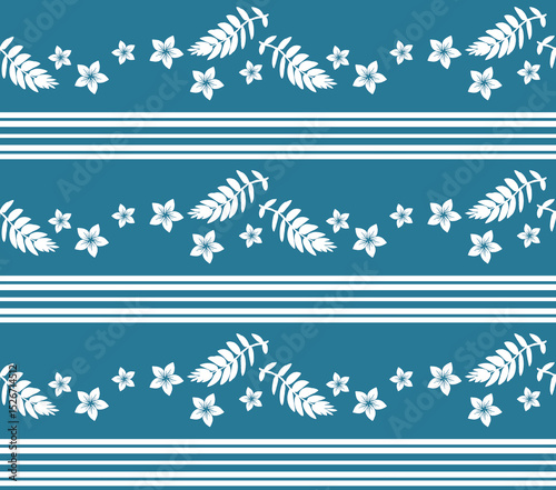 Hawaiian Floral Teal Border Stripe Seamless Repeat