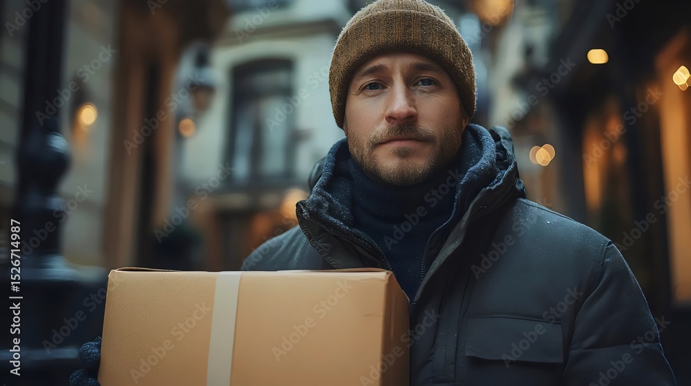 A delivery man holding a parcel on a city street ready to deliver. A delivery man holding a parcel on a city street ready to deliver.