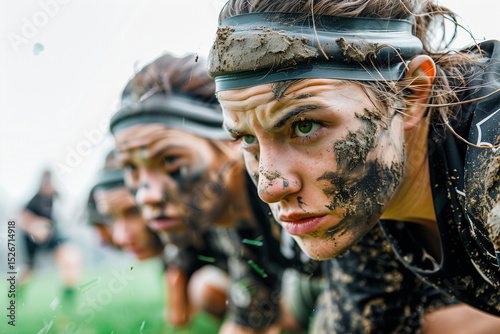 Determined female rugby players covered in mud ready to attack on field