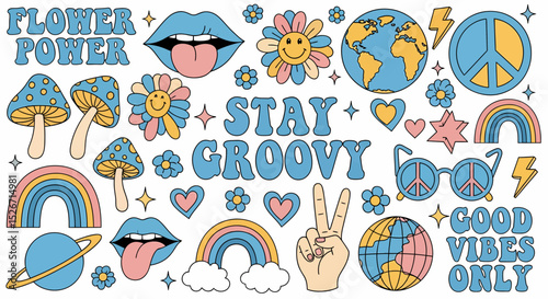 Retro Psychedelic Sticker Set Graphic Elements Good Vibes Only