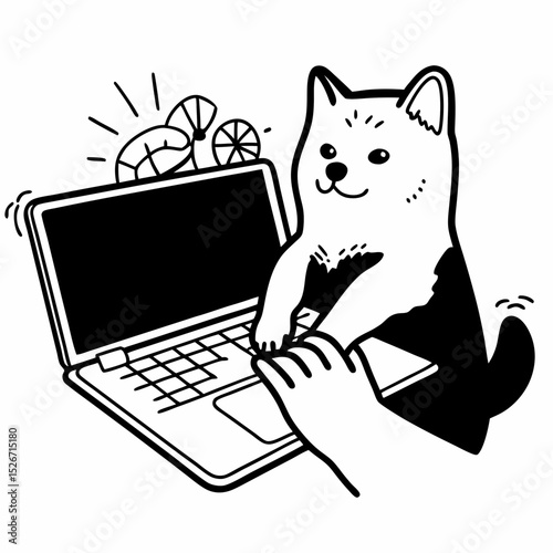 Vector cute shiba inu working laptop