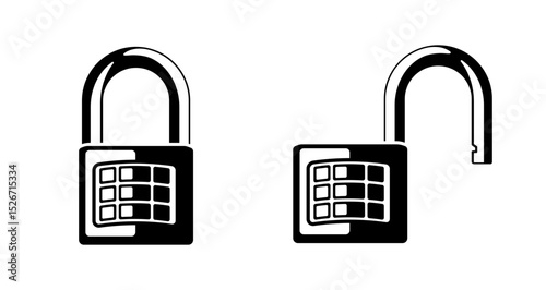 Black icon of open and closed padlock or padlock with numeric code mechanism without background, ideal for security and privacy themes