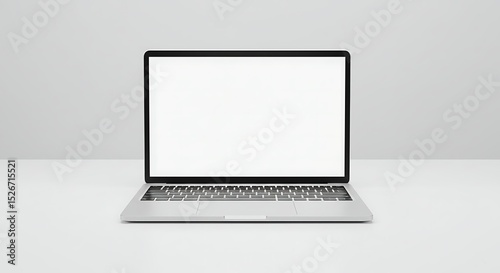 Open laptop with blank screen on white table for mockup isolated concept