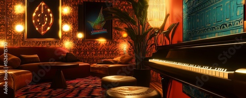 Low-key jazz room with ethnic textures glowing ambient lights and cozy seating
