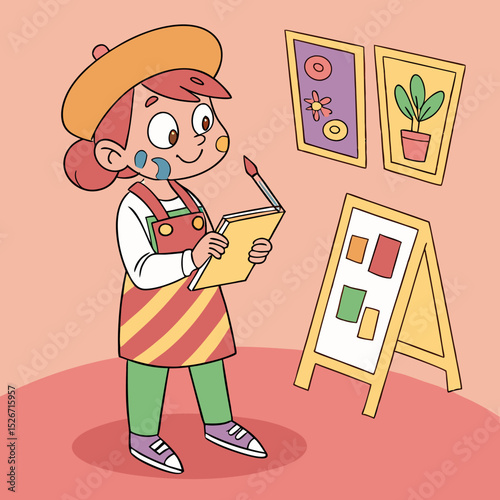 Artistic Inspiration: A charming young artist, with a paintbrush in hand and a sketchbook open, stands confidently amidst a selection of colorful artworks, an easel, and creative potential.