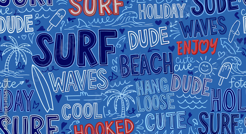 Seamless Pattern with Summer Beach Elements and Hand Lettering