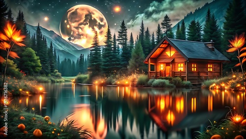 Enchanted mountain cabin at night, cozy wooden lodge by a lake under a full moon, magical forest landscape with glowing lanterns and starlight