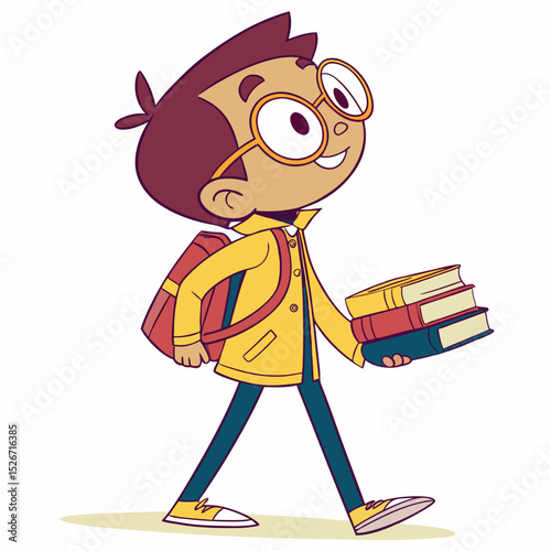 Student's Journey: A young student strides forward with books and a backpack, embodying the spirit of education and anticipation for the academic year.