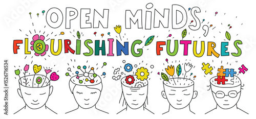 Bright vector illustration of open minds blooming with different ideas.