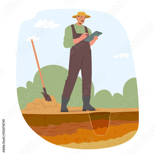 Ecologist character examining soil engaged in geology research and pollution level analysis scene