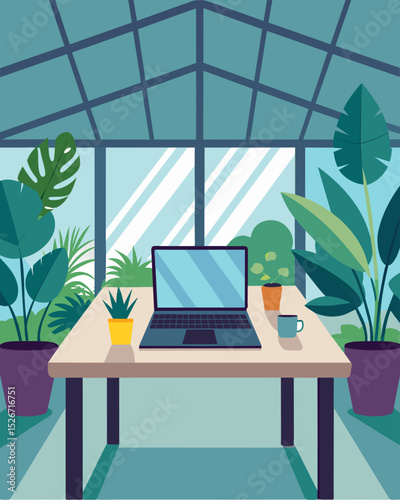 The laptop was set up on a sy metal table providing a clear workspace a the various plants and flowers in the greenhouse.. Vector illustration