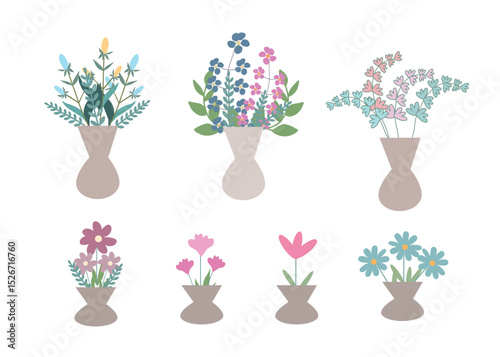 Bouquet of wild flowers in a vase set vector illustrationCollection of flower bouquets isolated on white background in pastel colors