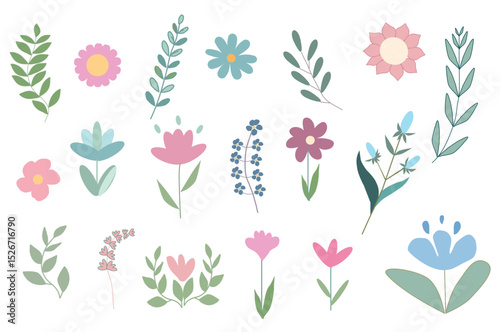 Set of summer pastel flower elements vector. Collection botanical  of wildflower and leaf on branch, on white background. Hand drawn floral illustration for card, easter, poster, clipart