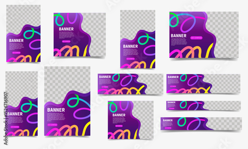 Web banners with curved rainbow gradient lines. Different sizes template. Ads, websites, presentations, and digital projects concept.