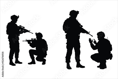 Silhouette of military army soldiers with weapons during training or at war