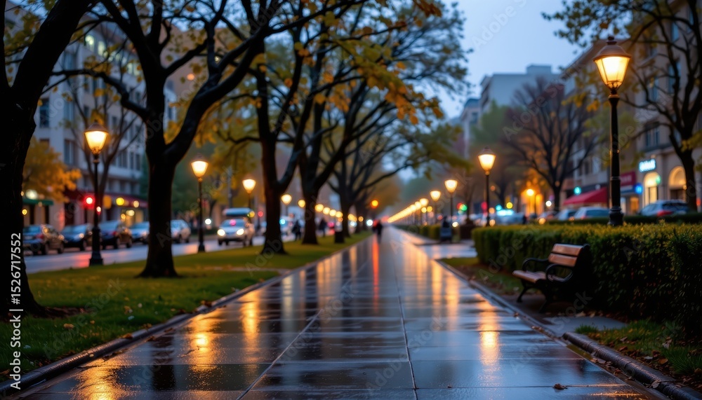 Obraz premium Tranquil Evening Stroll Wet Pavement Reflecting City Lights and Autumn Trees