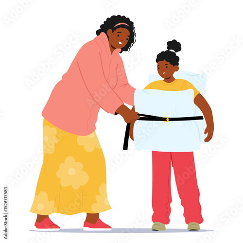 Mother overprotecting annoyed daughter showcasing excessive love and care isolated on white