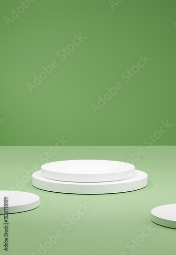 Minimal green scene with a round white podium in the center, Creating a modern and clean presentation concept with layered platforms and a soft shadow on a green background.