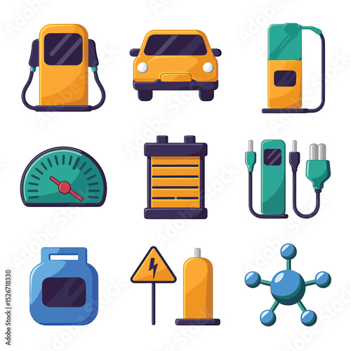 vector icons to vehicle fueling and charging a gasoline pump, an electric vehicle plug hydrogen mole
