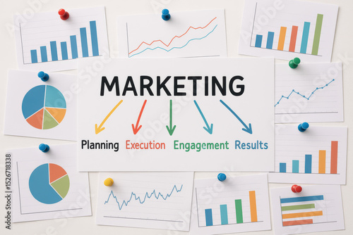 This marketing concept visually represents strategic planning execution engagement and measurable business results through colorful charts and arrows
