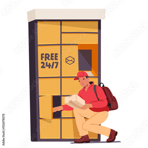 Courier character using free self service public parcel lockers for package shipping to addressee