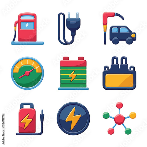 vector icons to vehicle fueling and charging a gasoline pump, an electric vehicle plug hydrogen mole