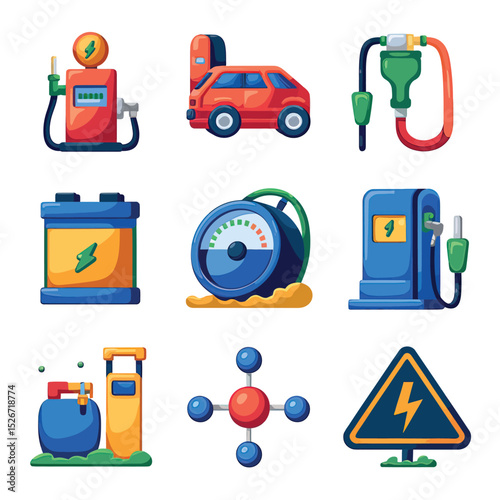 vector icons to vehicle fueling and charging a gasoline pump, an electric vehicle plug hydrogen mole