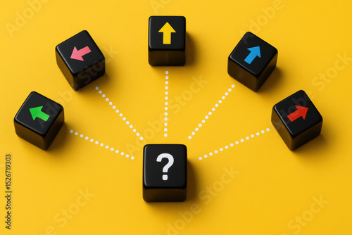 Decision-making requires evaluating various directions and possibilities symbolized by black dice with colorful arrows on a bright yellow background