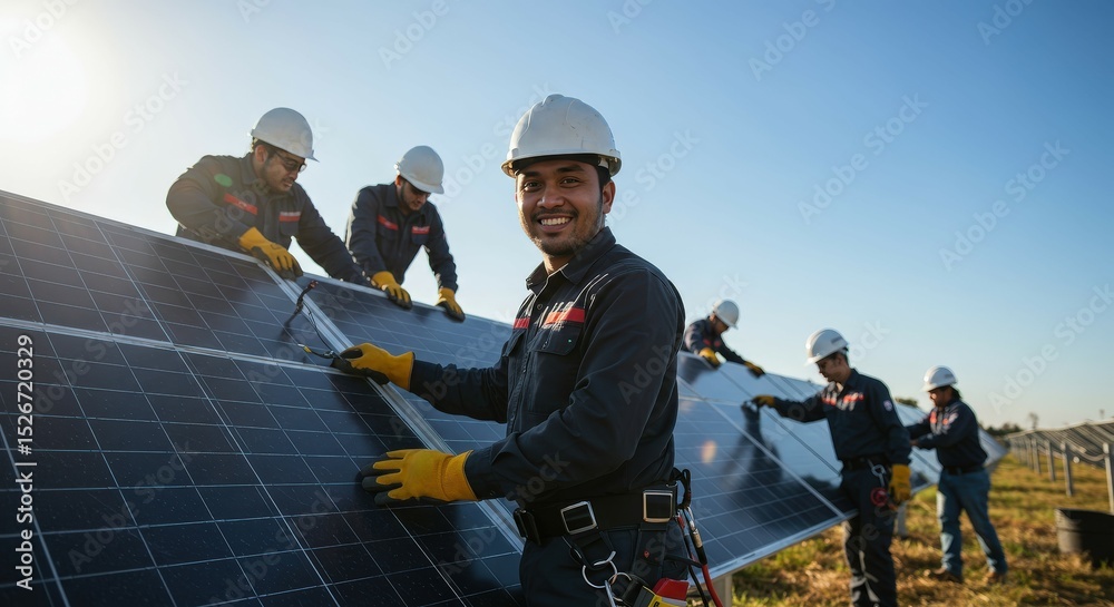 Fototapeta premium Engineers installing solar panels. Renewable energy concept.