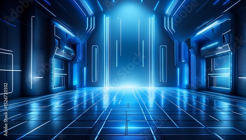 テクノロジーと立体感、青いイルミとサーチライト、スタイリッシュなグラデーション、幻想的に仕上げる Generated by AI