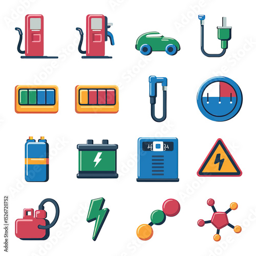 vector icons to vehicle fueling and charging a gasoline pump, an electric vehicle plug hydrogen mole