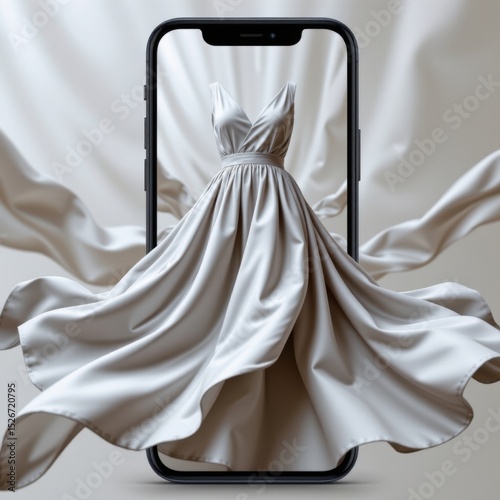 Elegant long satin dress flowing out of a modern smartphone screen with smooth fabric and drapery in silver color for fashion or digital art concept
