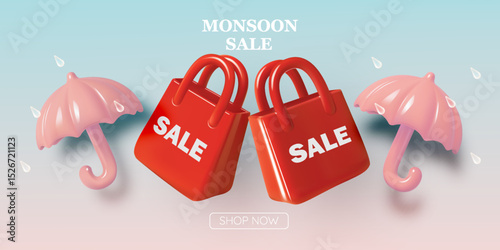 Monsoon Sale Illustration with Umbrella, Shopping Bags, Raindrops, and Clouds in a 3D Cartoon Style