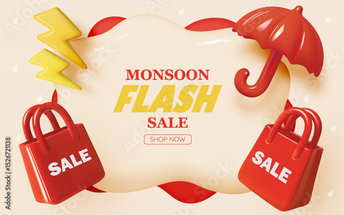 Exciting Monsoon Flash Sale with 3D Shopping Bags, Lightning Bolt, and Raindrop Elements